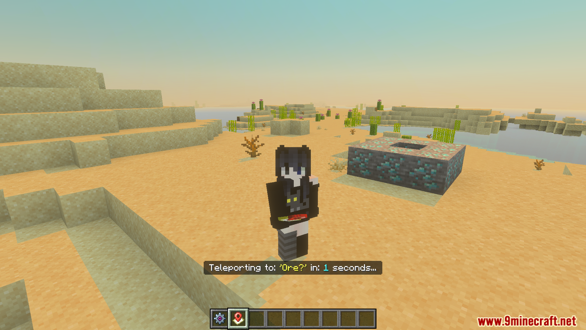 Player character teleporting to a saved ore location in the overworld