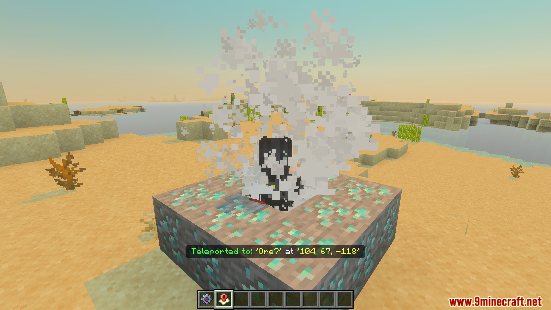 player teleporting instantly to a saved waypoint location with visual smoke particles