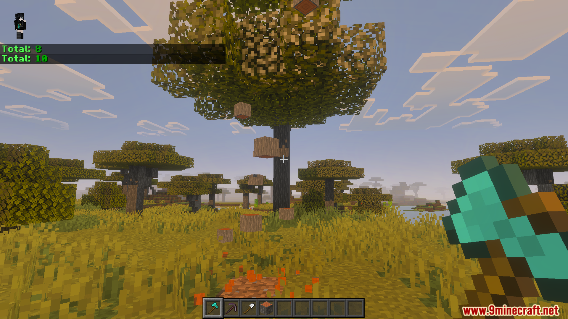 VeinMiner Tree Capitator Addon Screenshot 4 Acacia tree blocks falling as items after being chopped with VeinMiner Tree Capitator