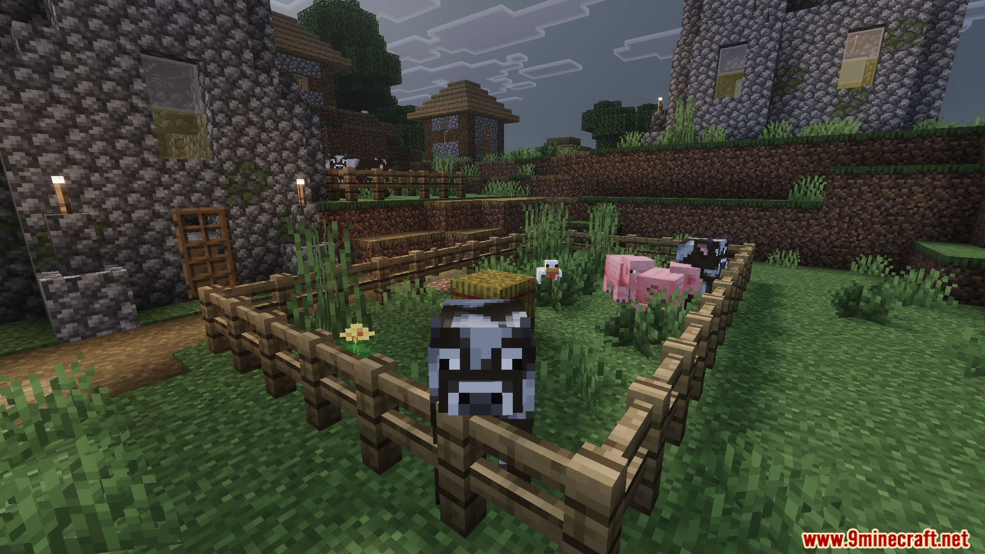 Cows and pigs in a wooden fence pen with dark eerie shader lighting