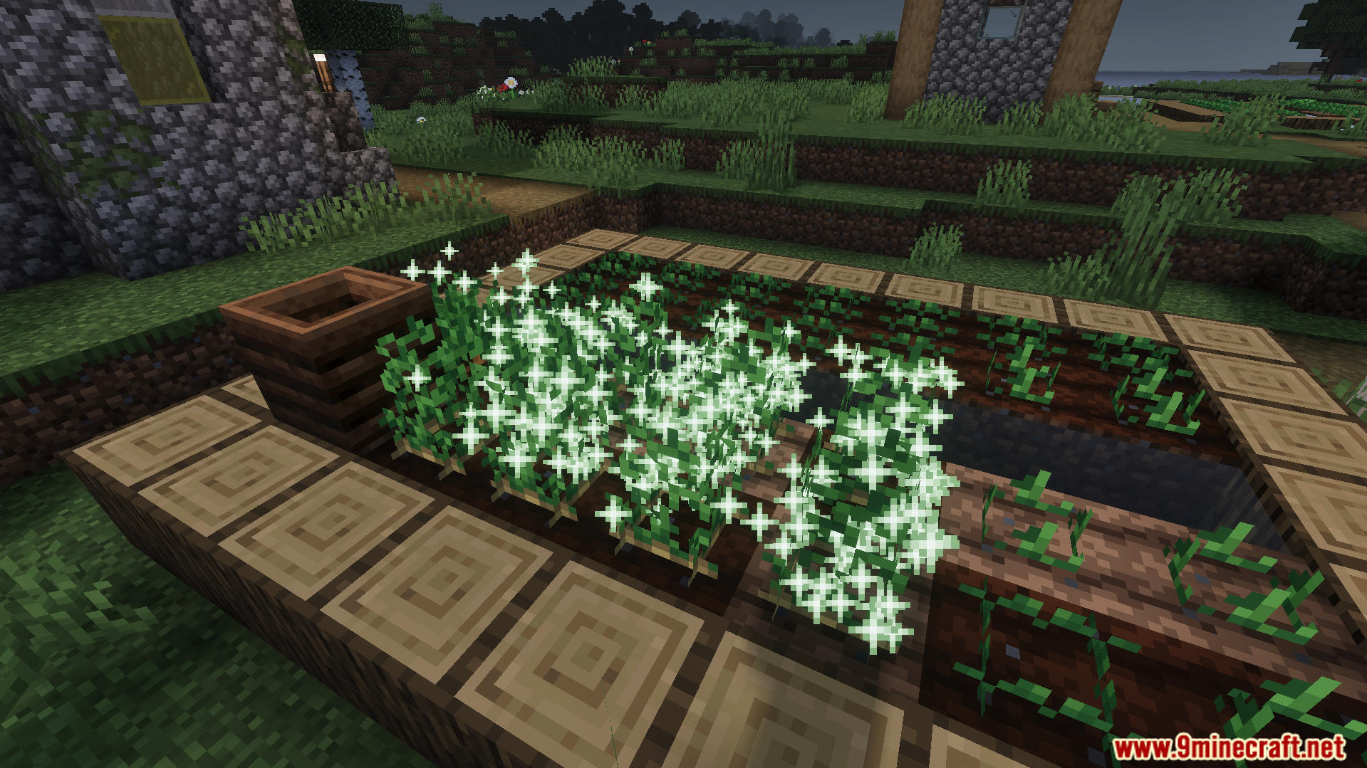 Glowing white particles over a farm plot with dark eerie shader lighting effects