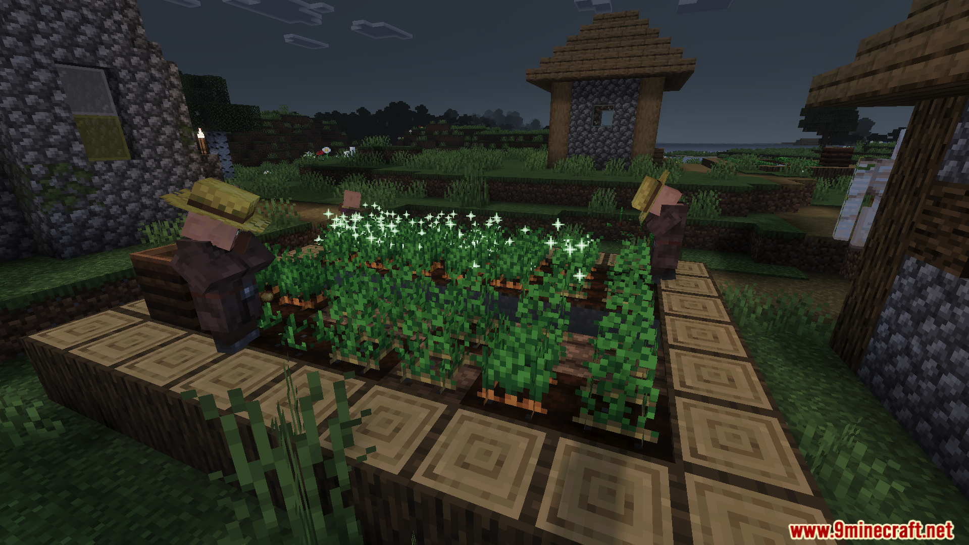 Villagers farming crops at night with Vibrant Legacy Uncanny Rewrite Shader effects