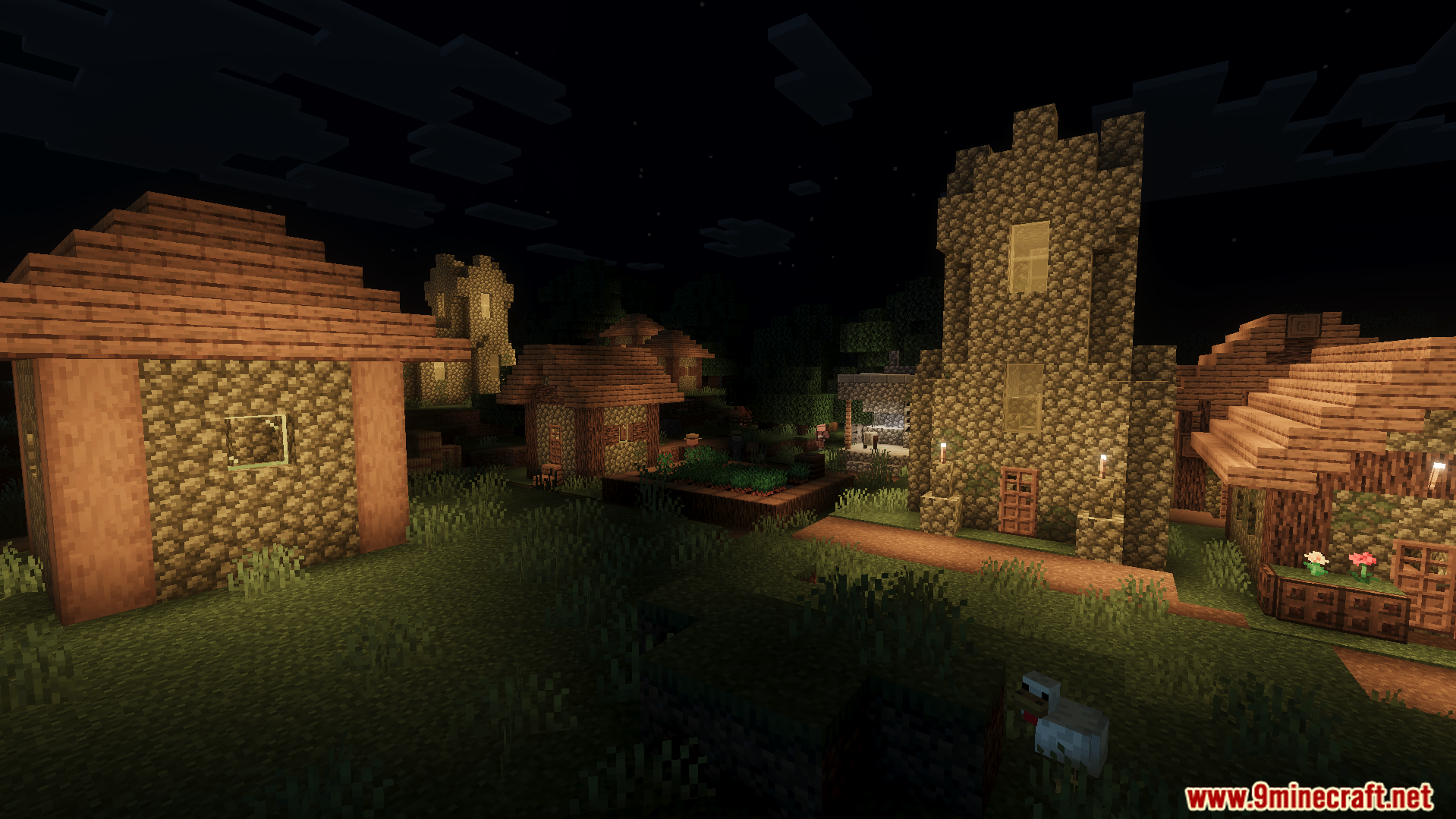 Eerie village buildings at night with dark horror themed lighting and shadows