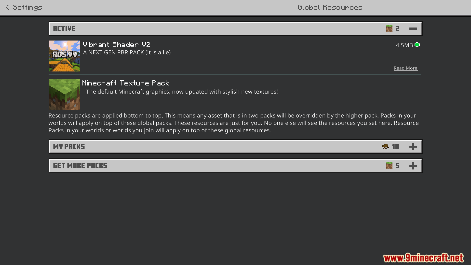 Settings menu showing active global resources with Vibrant Shader V2 selected