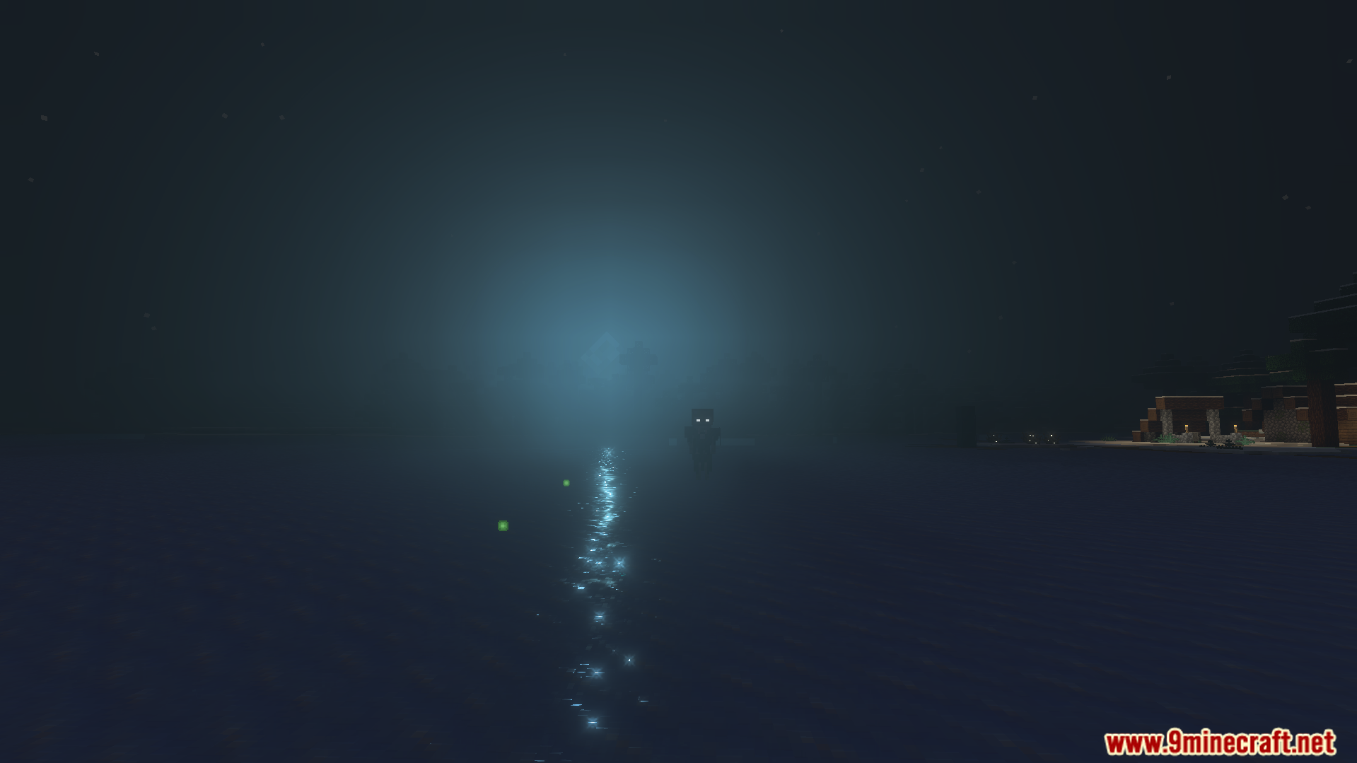 Nighttime view over water with glowing reflections and distant light source