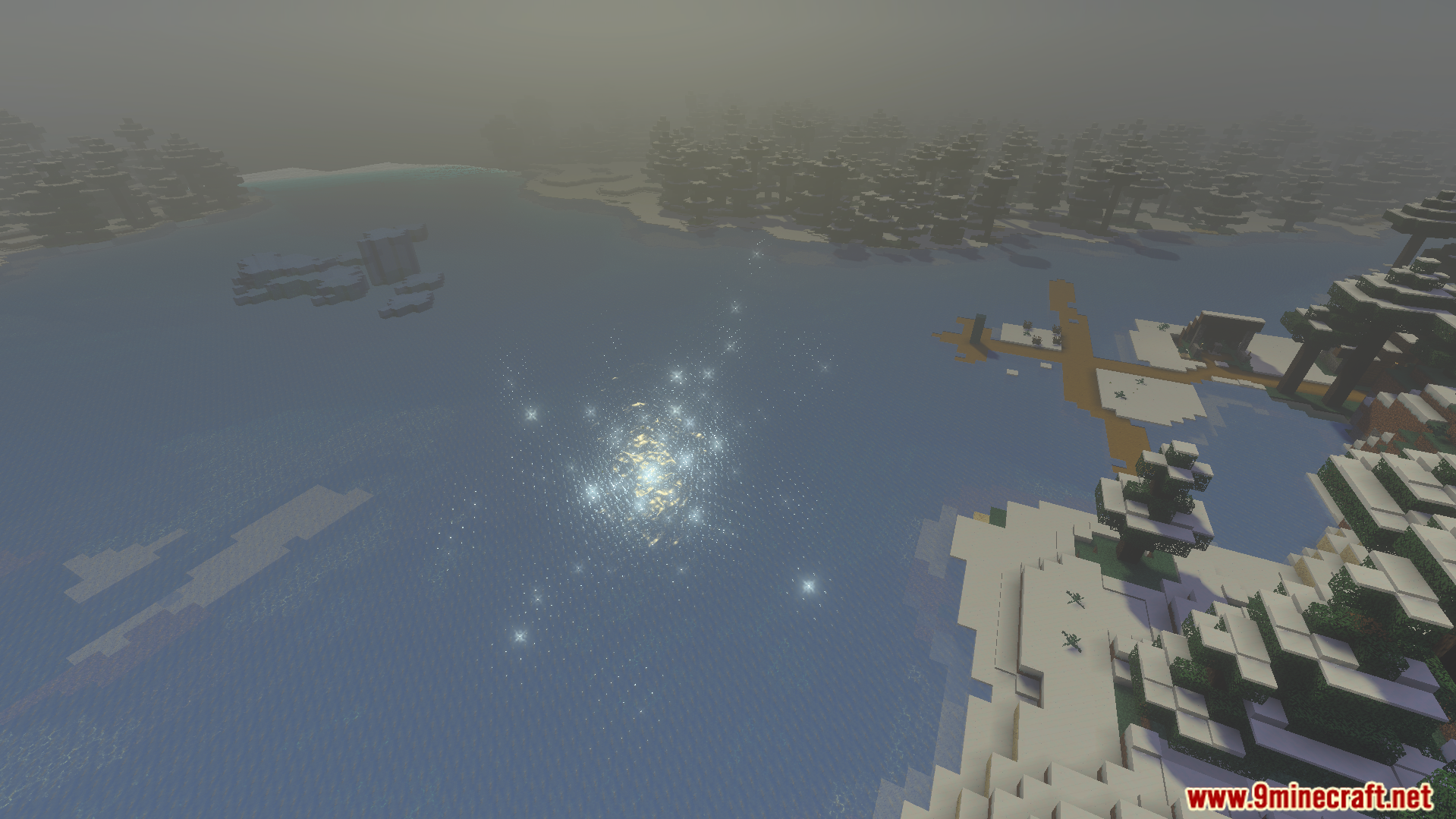 Sparkling light reflection on a frozen lake surface