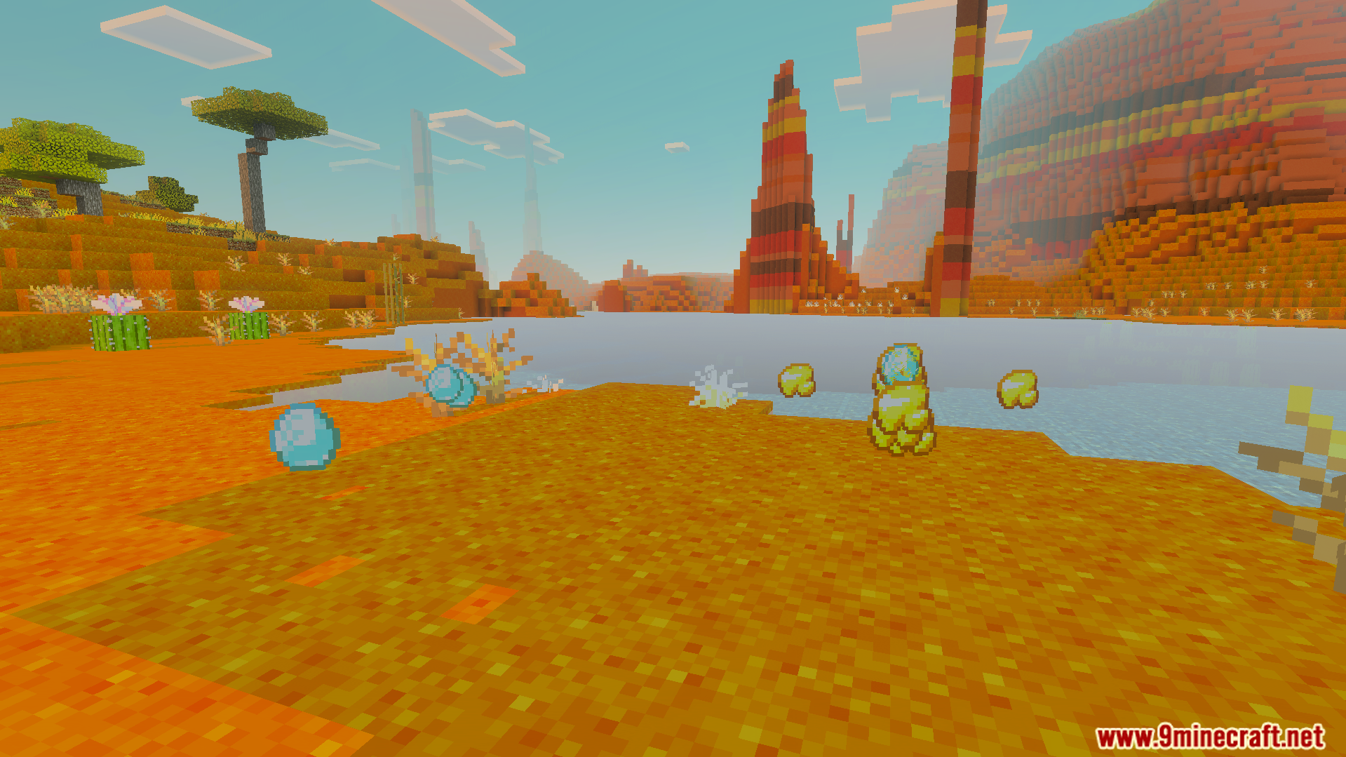 Vibrant Visual Shader Screenshot 2 Bright and colorful mesa biome landscape with floating diamond and gold items