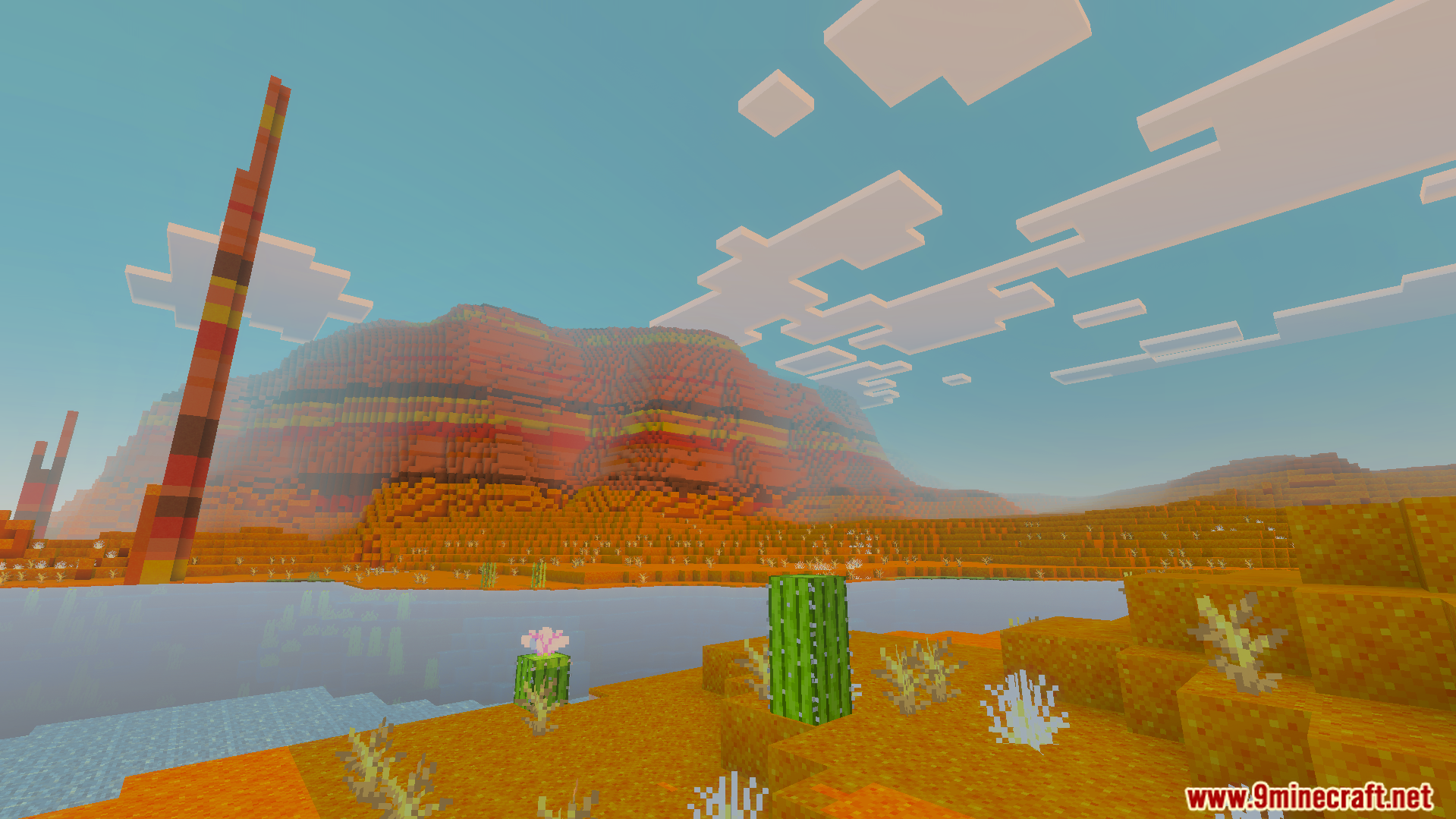 Vibrant Visual Shader Screenshot 4 Warm sunset lighting over a mesa biome with terracotta mountains and cacti