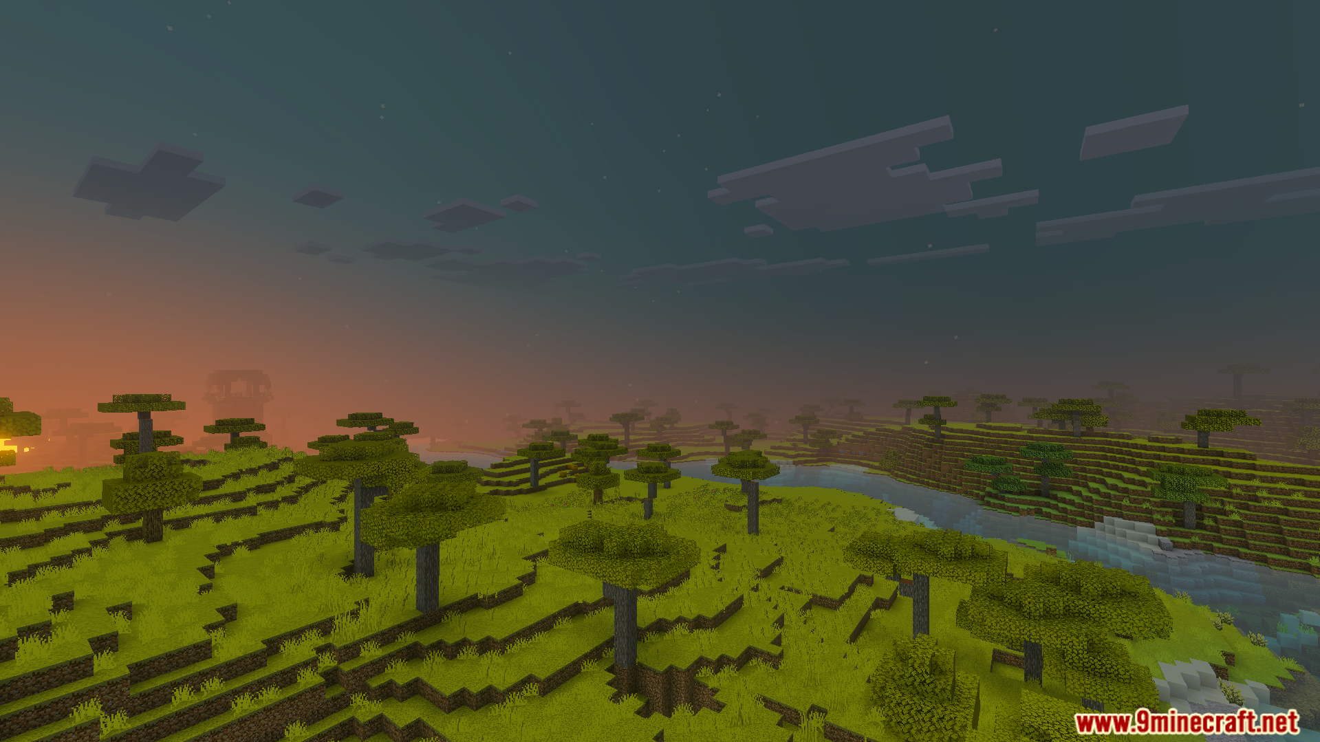 Vibrant Visual Shader Screenshot 6 A peaceful savanna landscape at dusk with a river and acacia trees