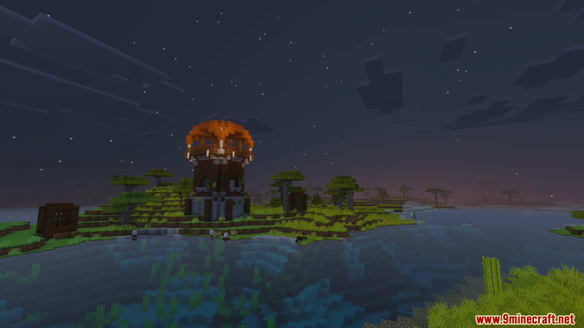 Vibrant Visual Shader Screenshot 8 Pillager outpost near a river at night with bright and dynamic colors