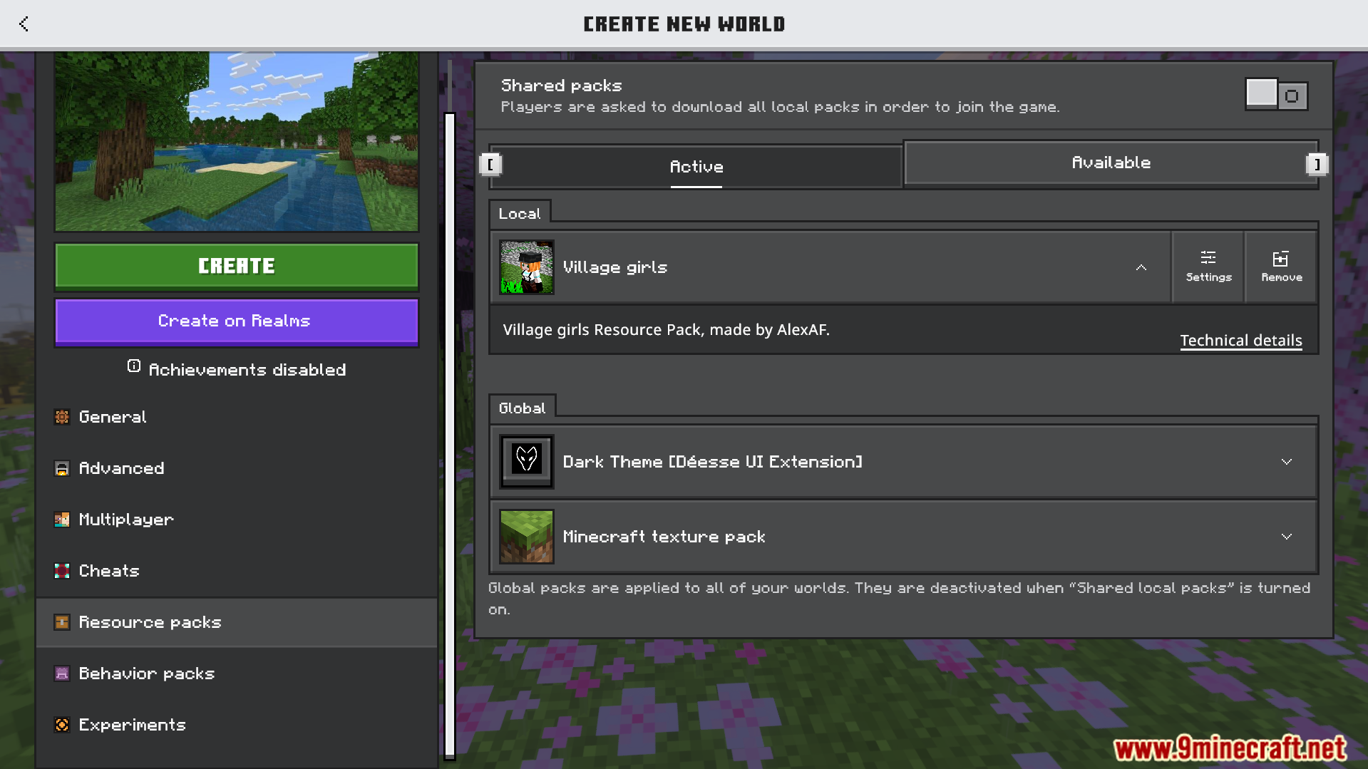 Village Girls TP Texture Pack Screenshot 1 Minecraft world creation screen with the Village girls resource pack active