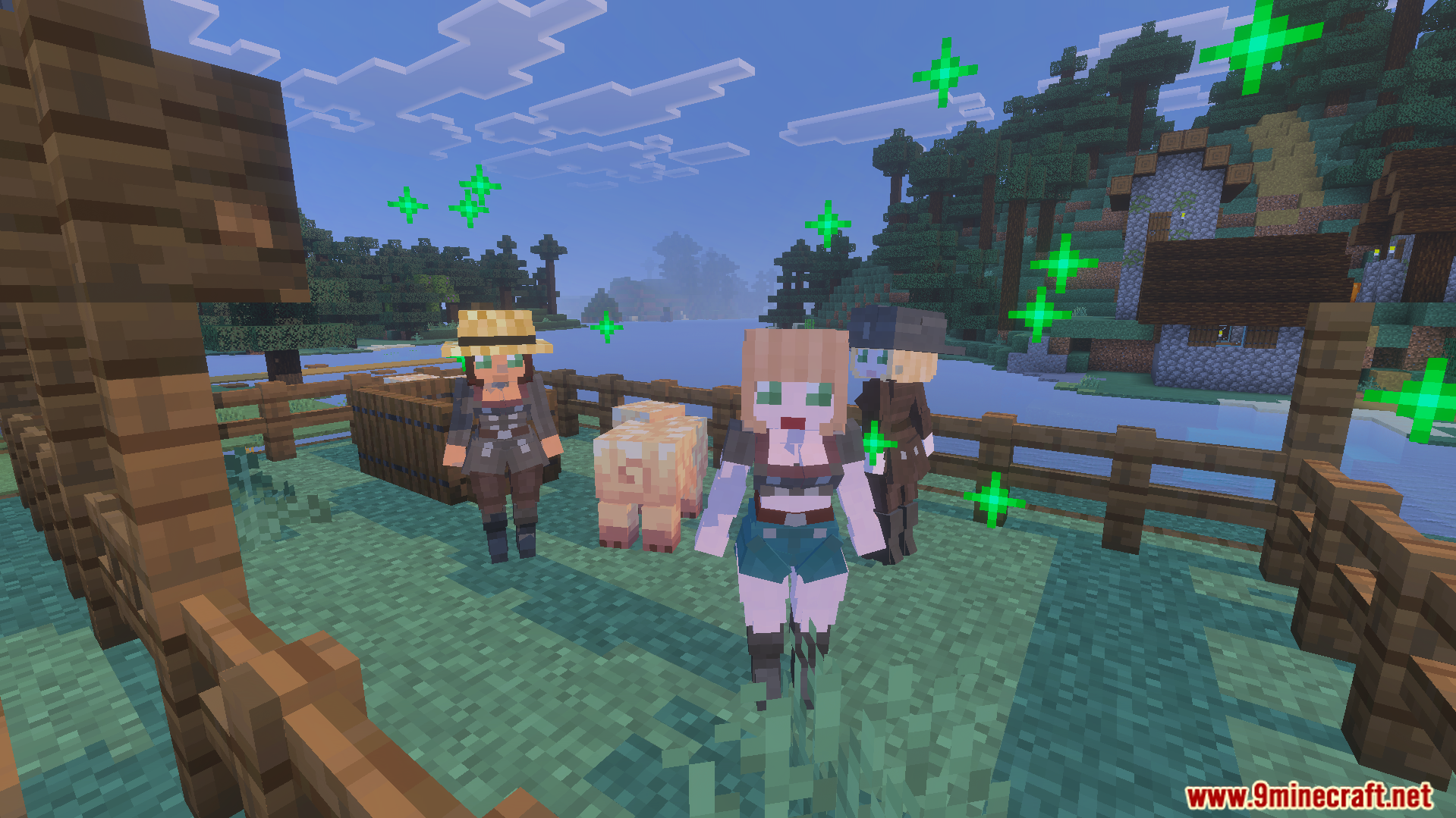Village Girls TP Texture Pack Screenshot 4 Multiple female villagers stand inside a wooden fence with a pig and particles