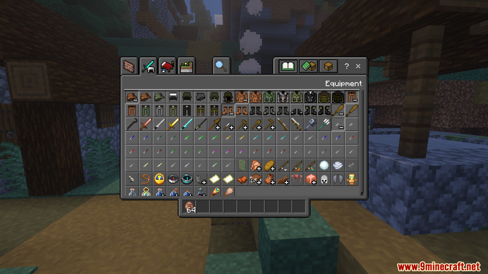 Village Girls TP Texture Pack Screenshot 5 Creative inventory displaying military armor sets and industrial firearms in Minecraft