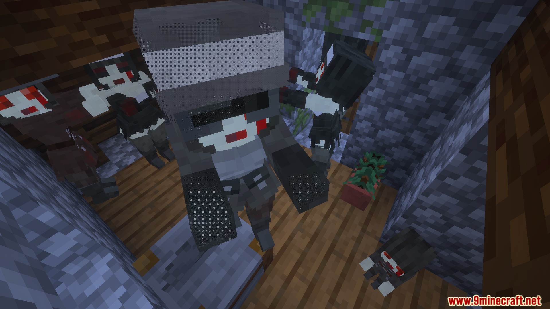 Village Girls TP Texture Pack Screenshot 10 Female zombie characters wearing new custom armor sets inside a cobblestone building