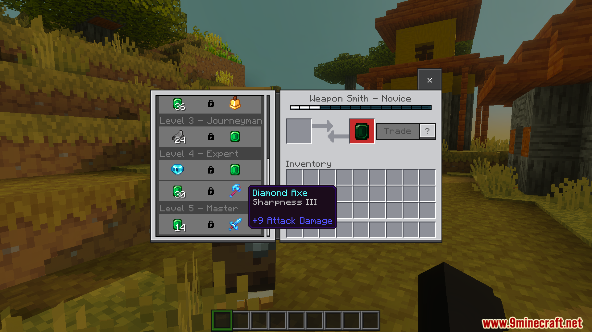 Villager Trades Preview Unlocker Texture Pack Screenshot 2 Weapon Smith villager trading menu showing locked Diamond Axe trade