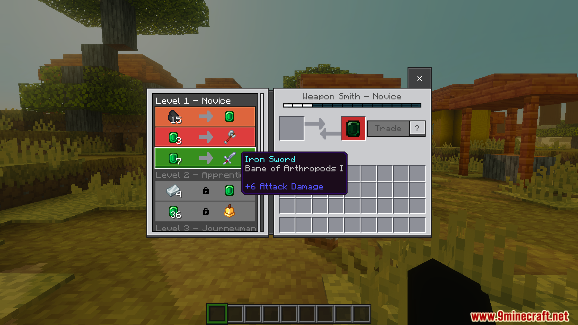 Villager Trades Preview Unlocker Texture Pack Screenshot 4 Weapon smith trading menu displaying locked future trades visible before spending emeralds