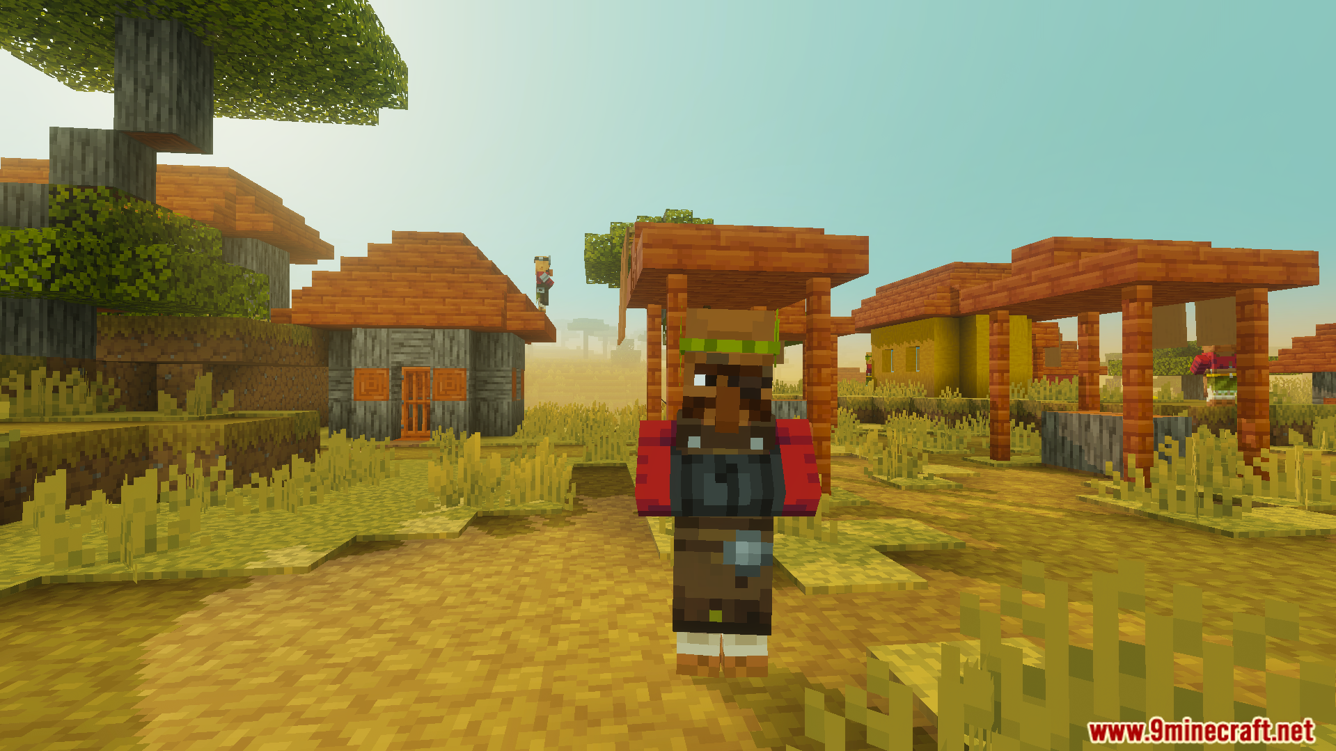 Villager Trades Preview Unlocker Texture Pack Screenshot 6 Weaponsmith villager standing in a savanna village ready to show future trades