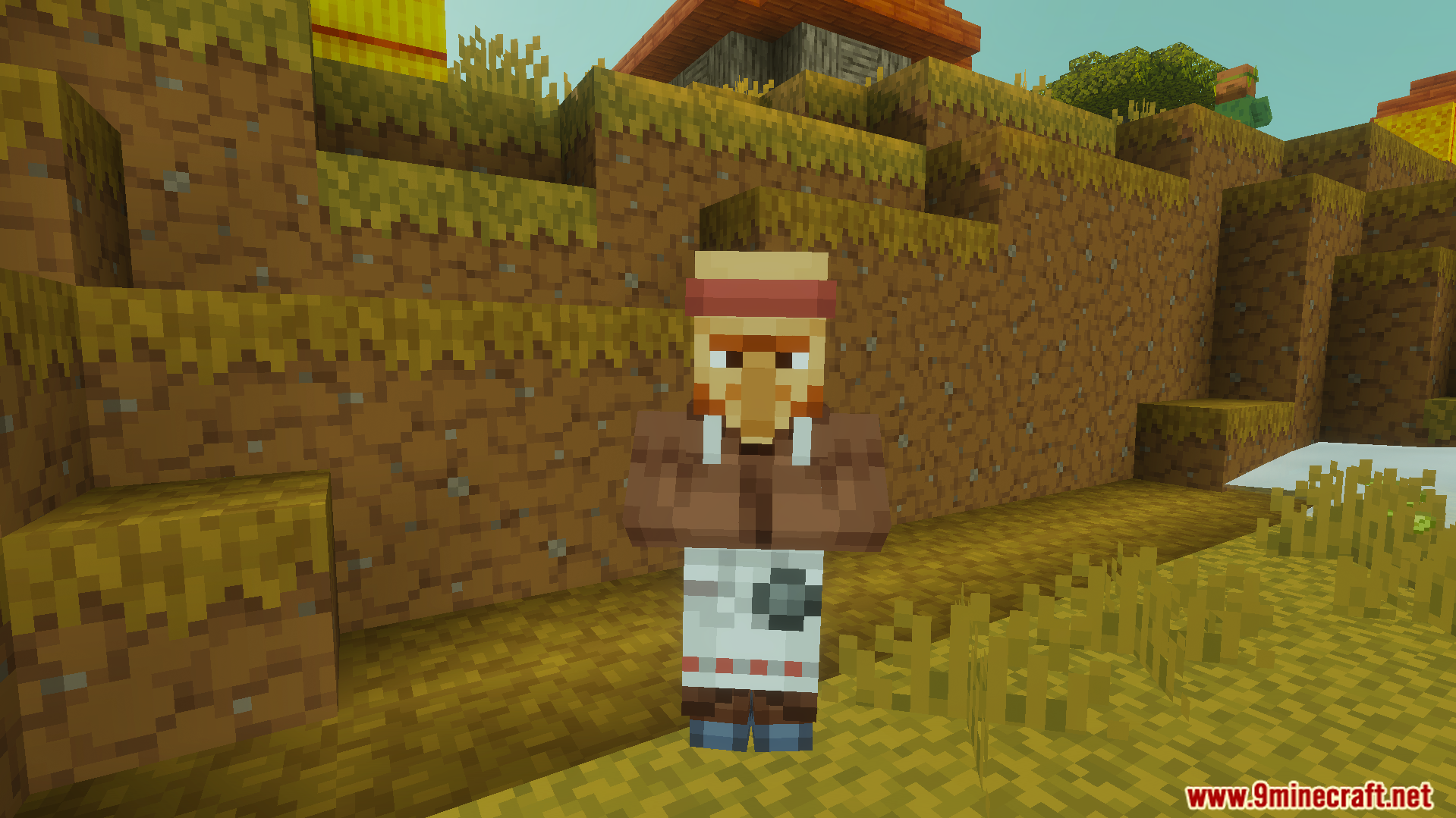 Villager Trades Preview Unlocker Texture Pack Screenshot 7 Minecraft butcher villager standing on a dirt path in a village