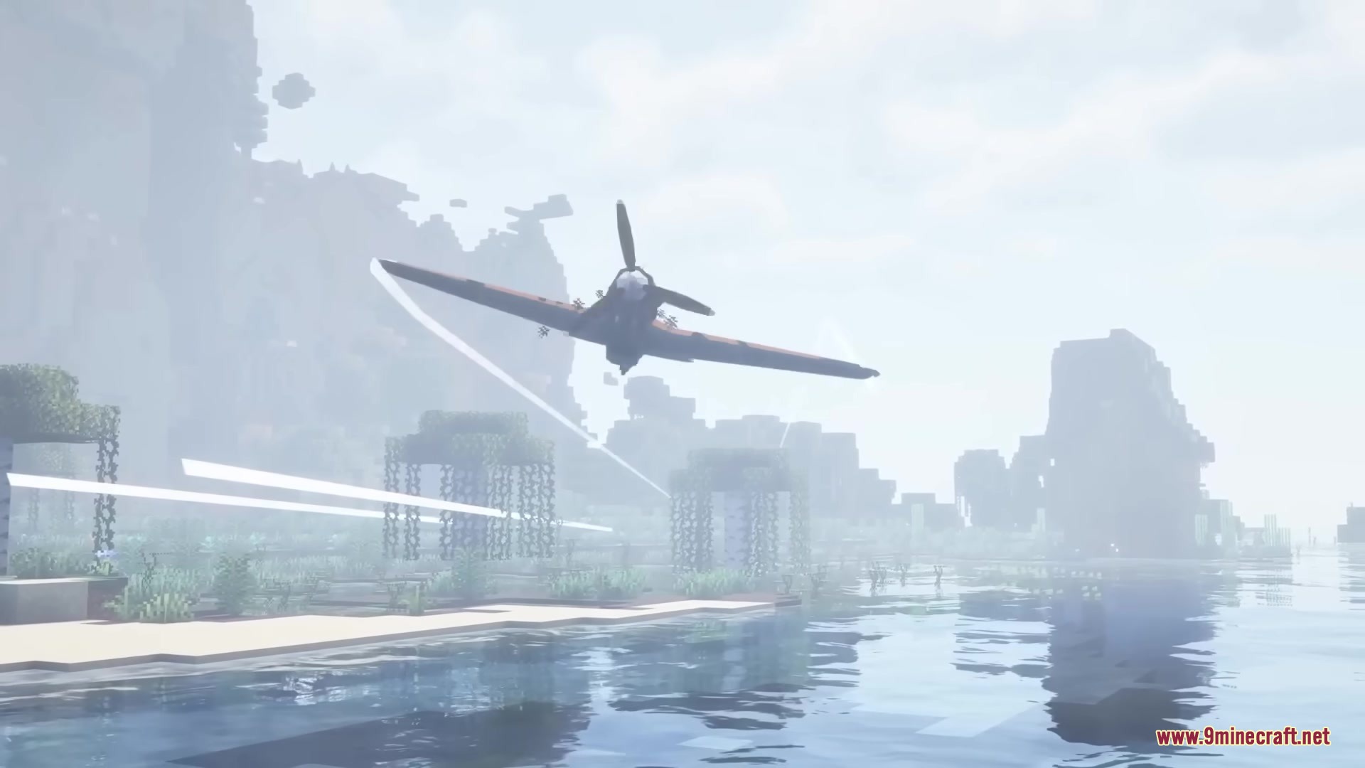 Warfare Wings Mod Screenshot 5 A historical fighter plane flying over a misty Minecraft swamp with white contrails