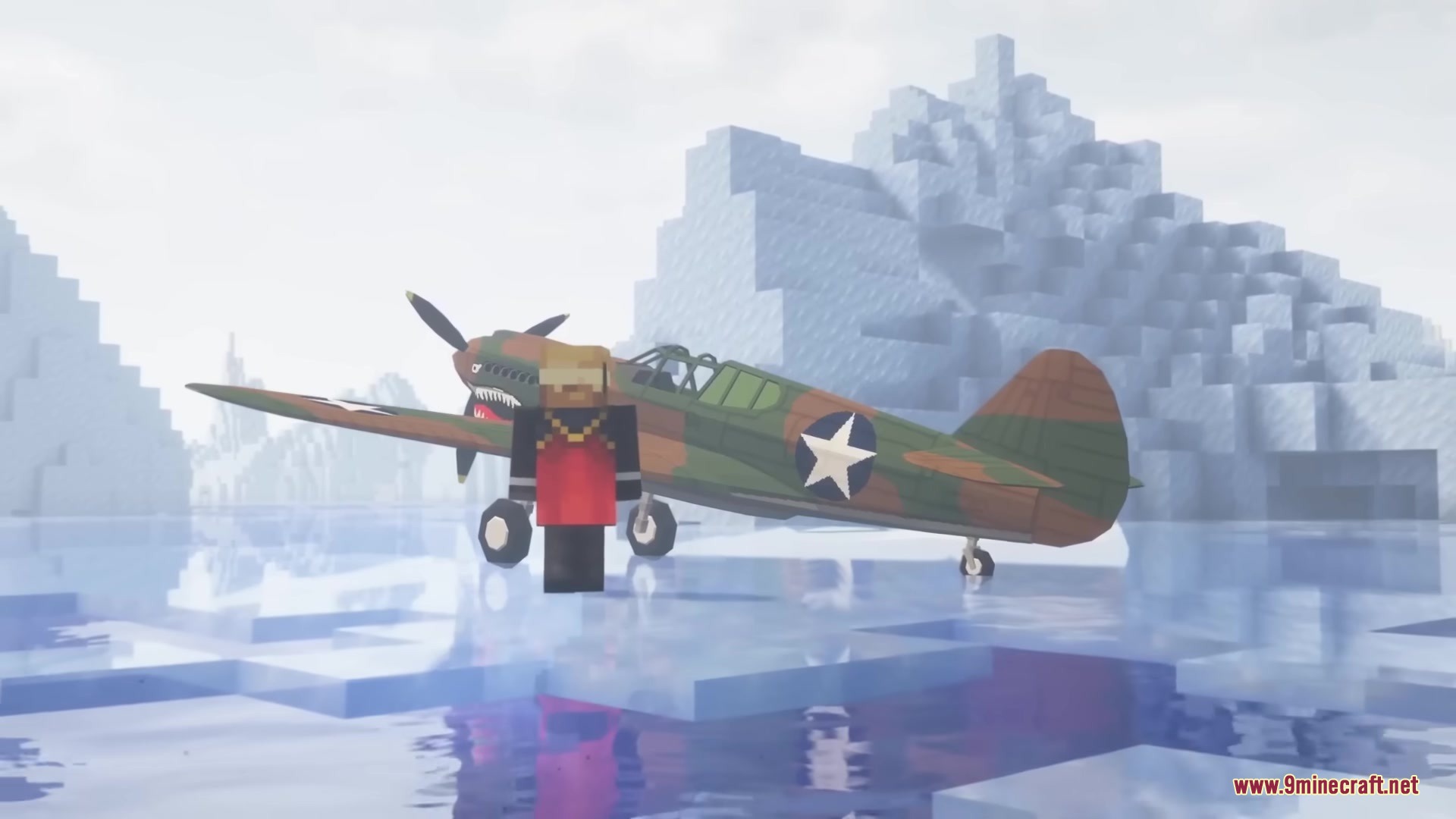 Warfare Wings Mod Screenshot 7 A Minecraft player standing next to a camouflaged fighter plane on ice