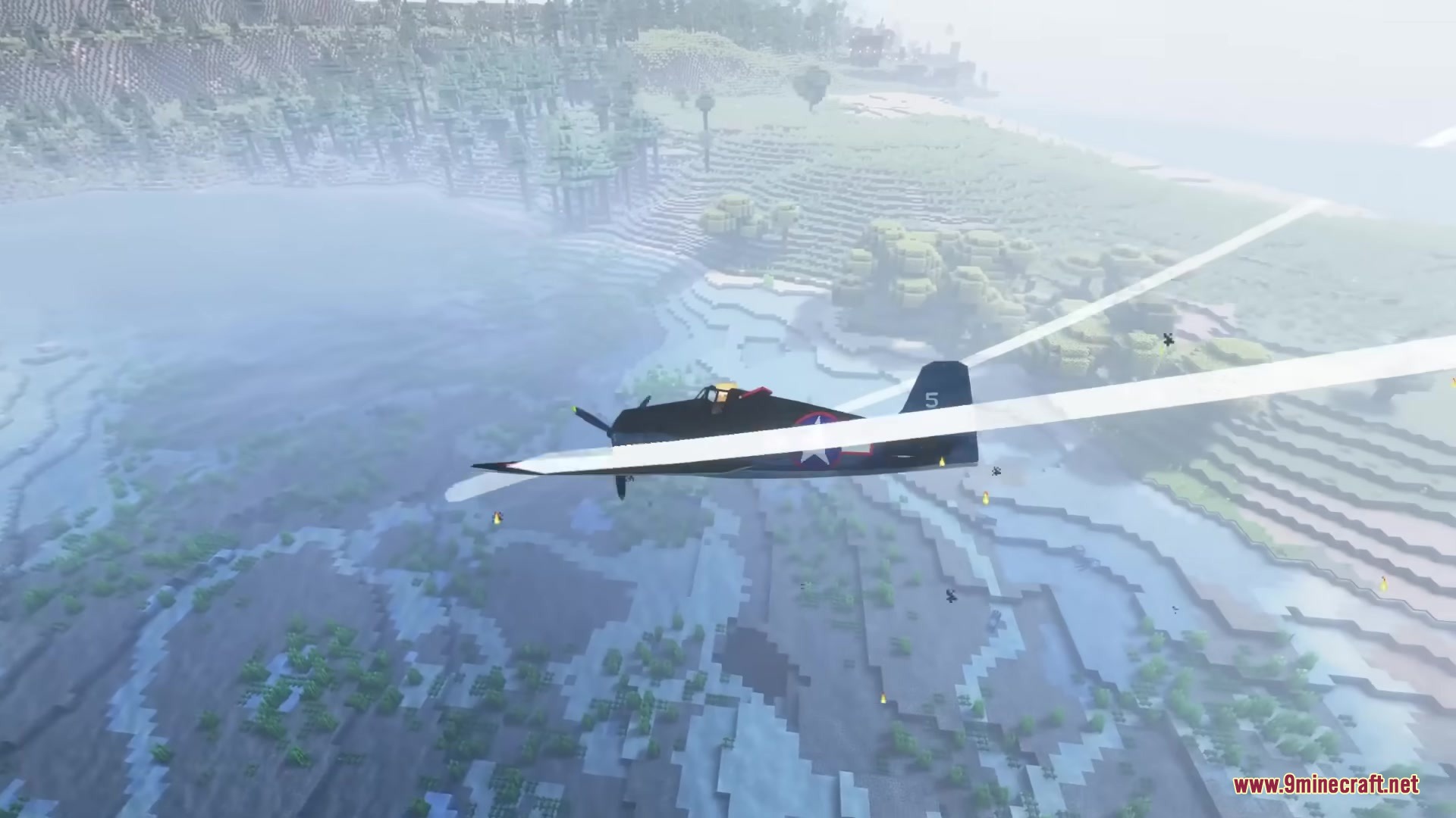 Warfare Wings Mod Screenshot 19 A historical fighter plane flies over a coastal Minecraft landscape with wing trails