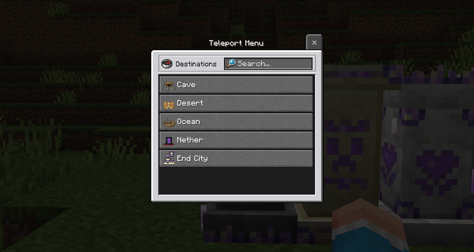 Player viewing a teleport menu listing destinations like cave desert and ocean
