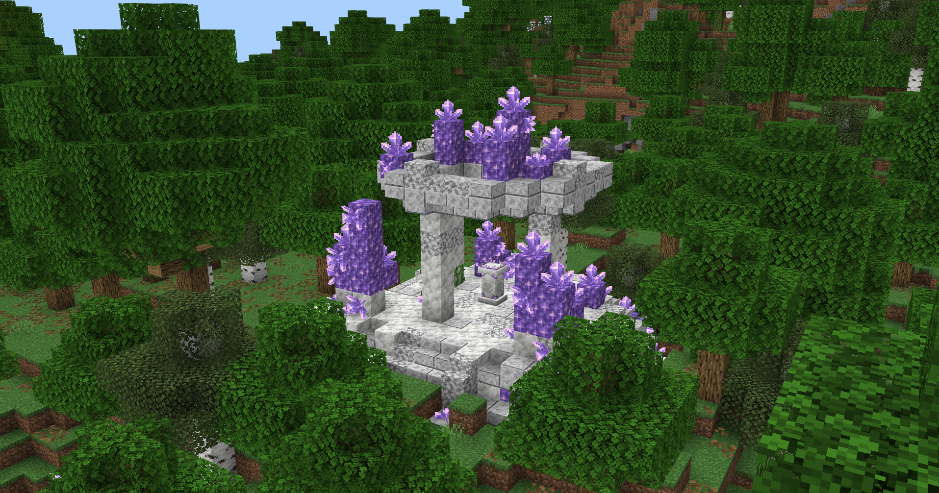 Amethyst crystal waystone structure built with white stone blocks in a lush forest