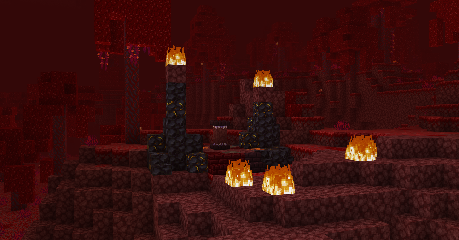 Dark blackstone waystone pedestal surrounded by fire in a red Nether crimson forest