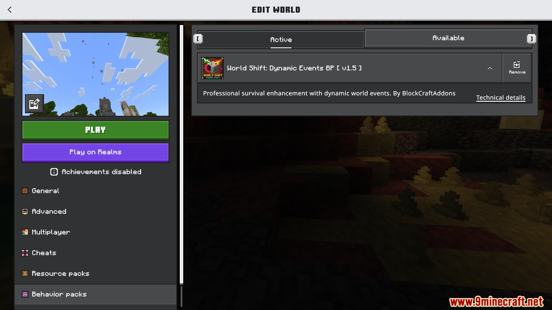 World Shift Dynamic Events Addon Screenshot 1 Minecraft settings menu showing the World Shift Dynamic Events behavior pack active