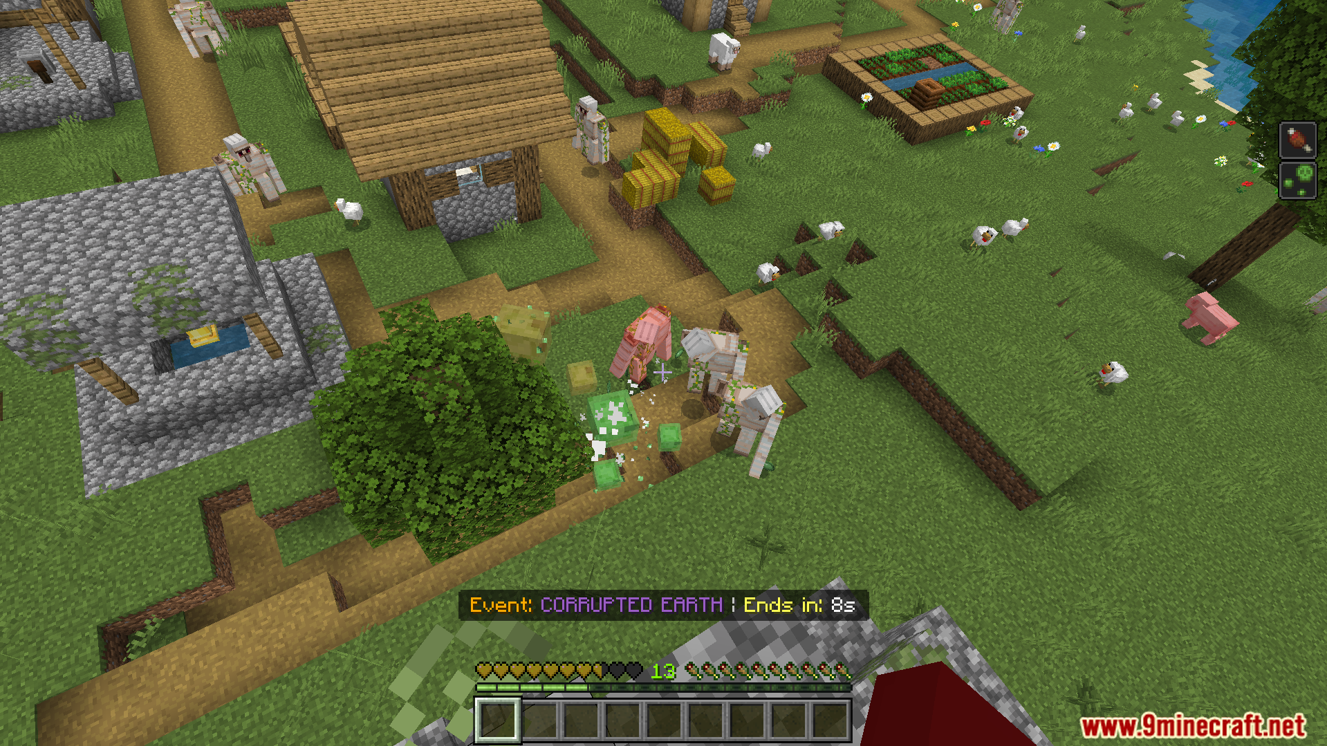 World Shift Dynamic Events Addon Screenshot 3 Minecraft village during the Corrupted Earth event with iron golems and mobs