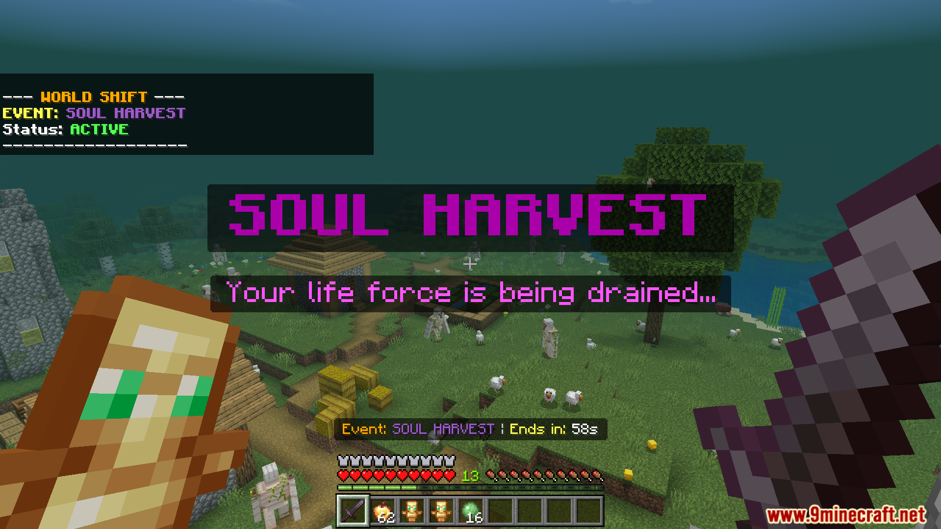 World Shift Dynamic Events Addon Screenshot 8 Minecraft player facing a soul harvest event that drains their life force energy