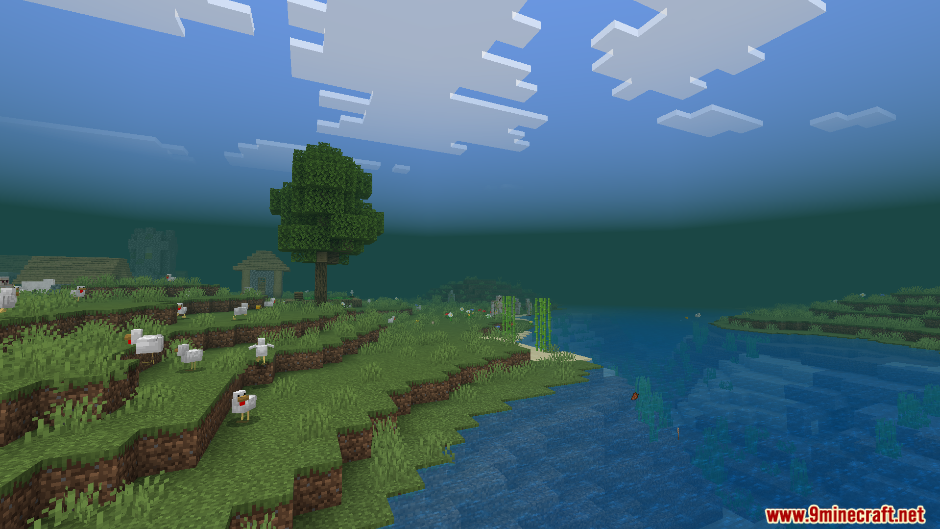 World Shift Dynamic Events Addon Screenshot 9 Chickens roaming a grassy field under a mysterious green atmospheric sky
