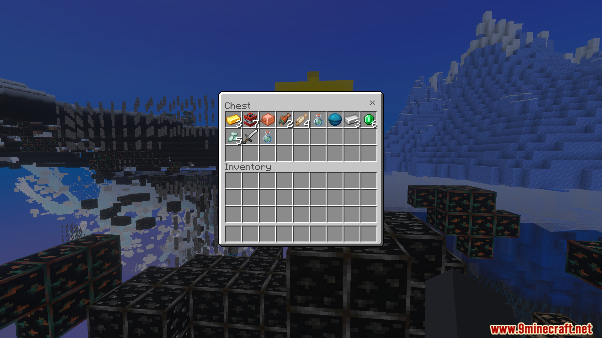 XRAY Night Vision Texture Pack Screenshot 6 Open chest inventory showing various items with hidden ores in the background