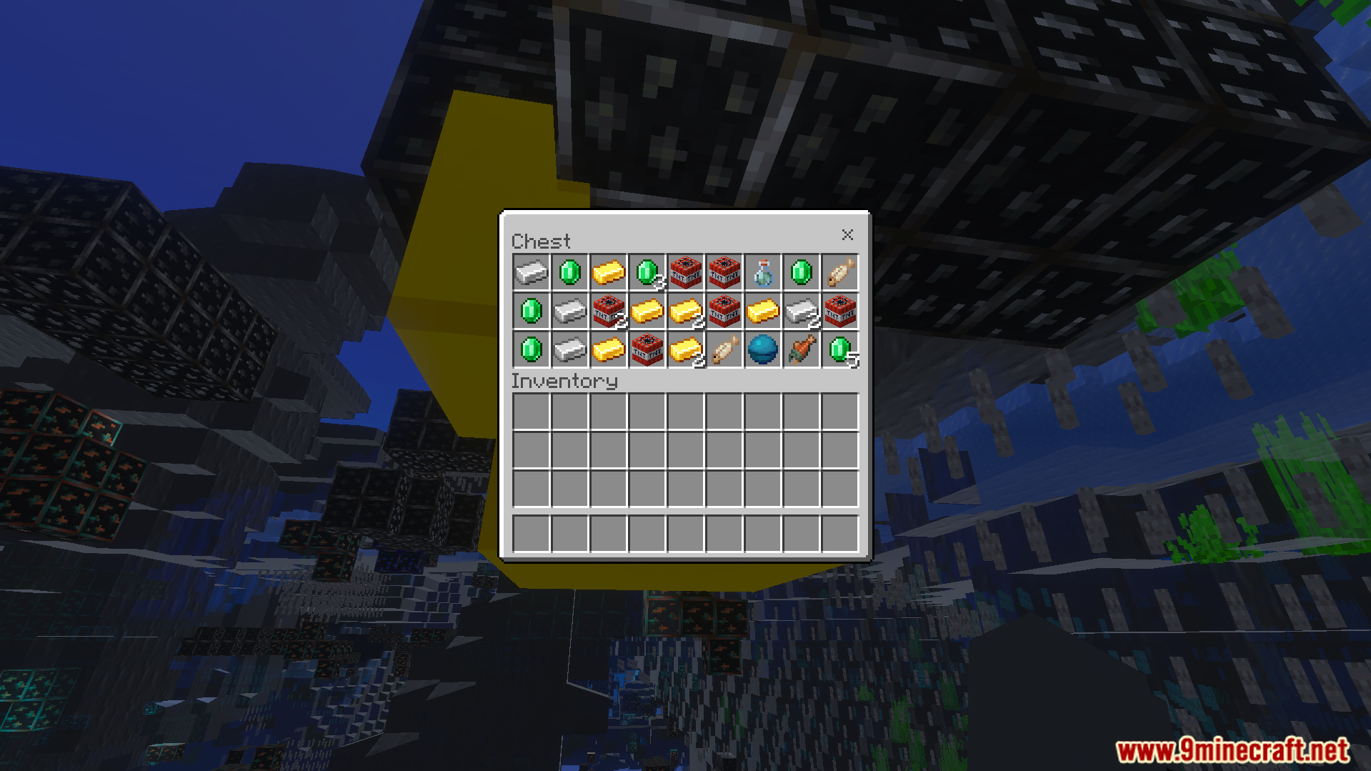 XRAY Night Vision Texture Pack Screenshot 8 Open chest inventory displaying emeralds gold and TNT items with transparent blocks