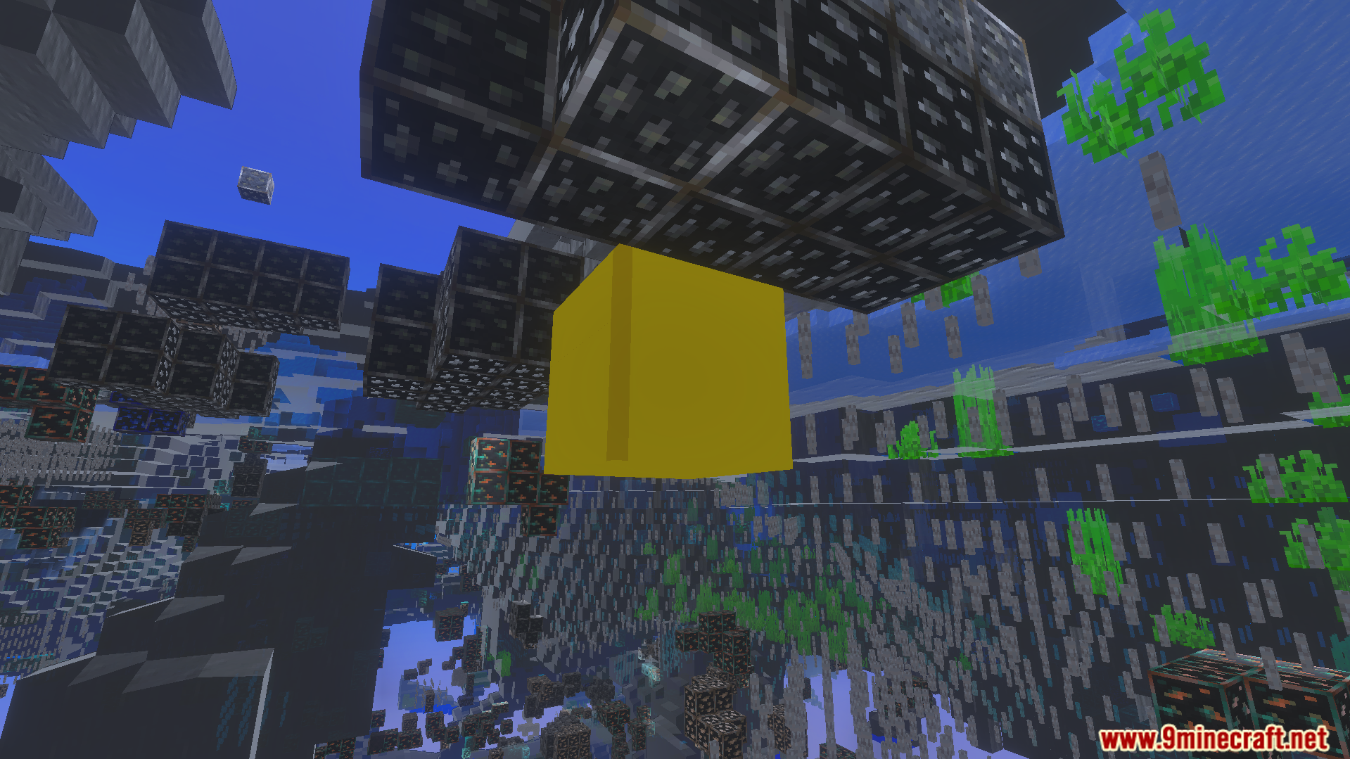 XRAY Night Vision Texture Pack Screenshot 9 XRAY Night Vision Texture Pack displays glowing ores and yellow gravel underwater