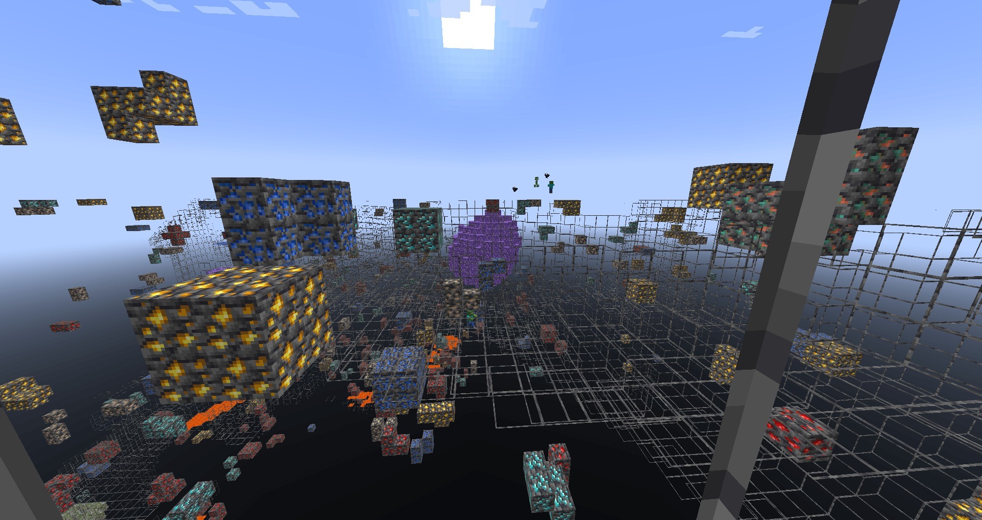Amethyst geodes and diamond ores visible through transparent terrain blocks