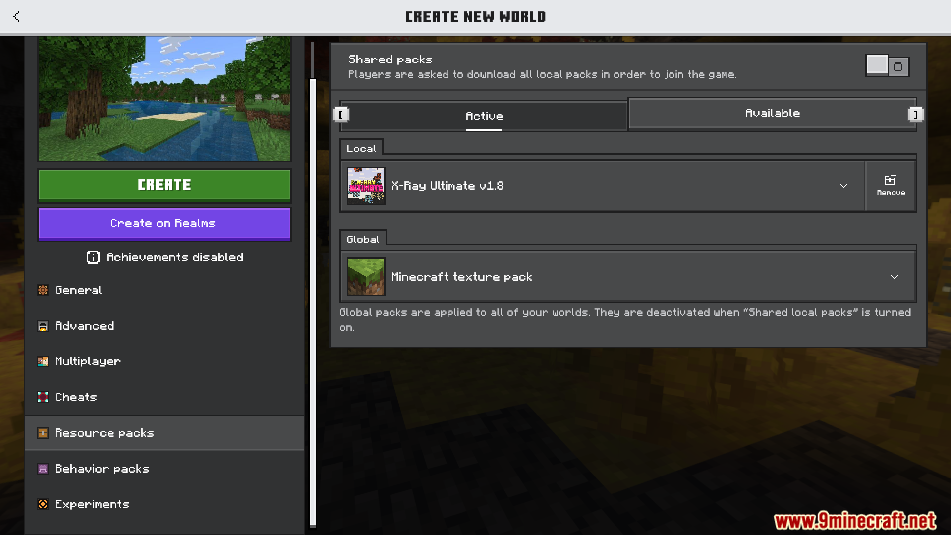 Resource pack settings menu with XRay Ultimate active for a new world
