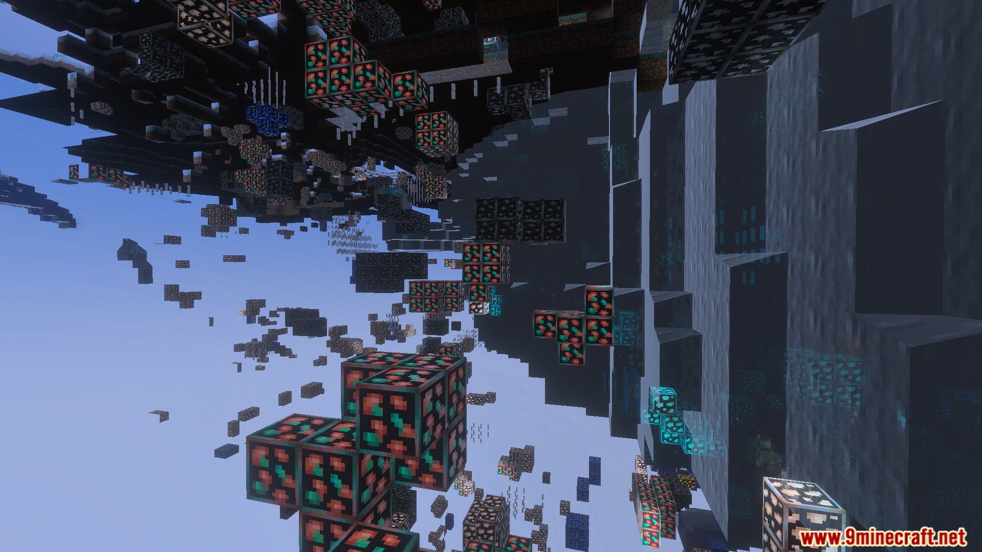 Brightly outlined ore blocks are visible through the ground in dark underground caves